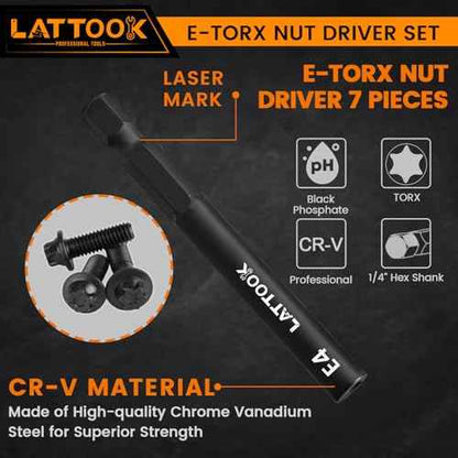 E-TORX Nut Driver Set, LATTOOK 7-Piece 1/4'' Hex Shank Female Torx Nut Driver E Torx & Star Nut Driver External Star Nut Driver Set for Impact Drill, E4 E5 E6 E8 E10 E12 E14
