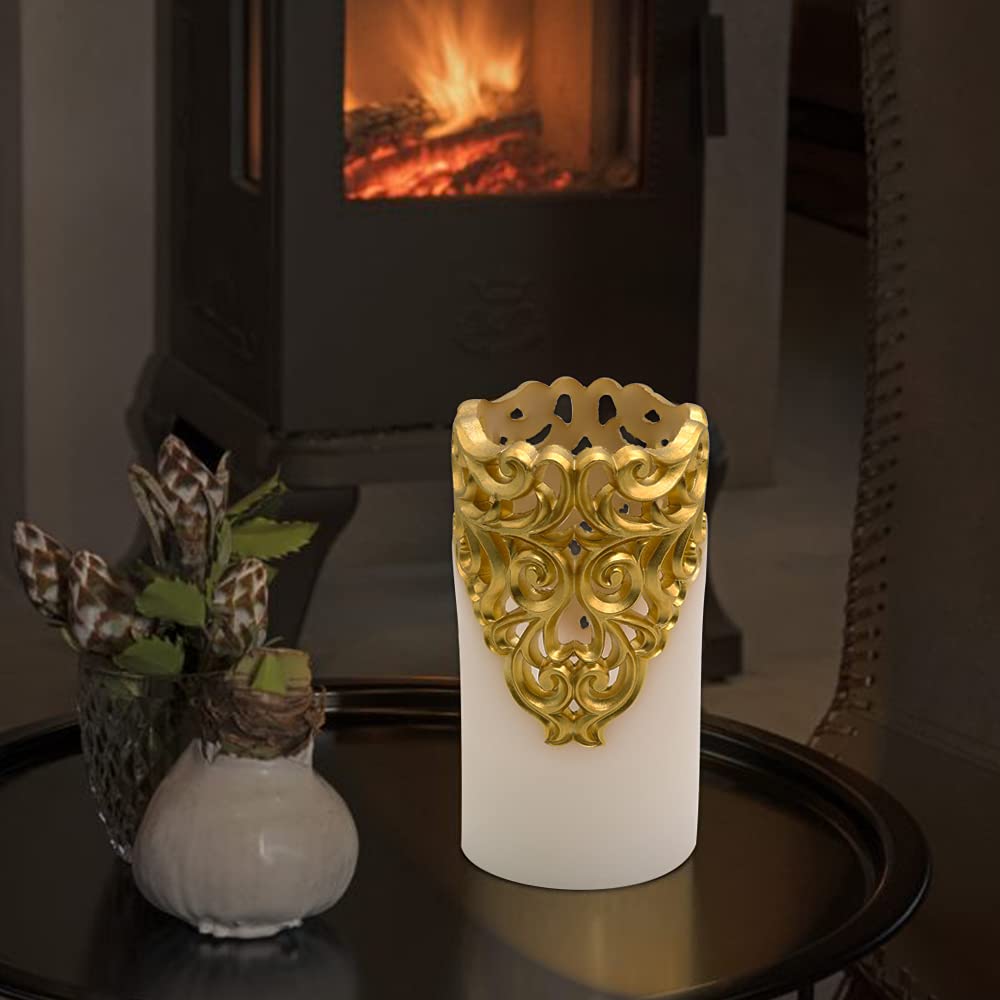 Eldnacele Flameless Christmas Gold Candles with 5H Timer, Flickering Real Wax Battery Operated Pillar Candles for Christmas Holiday Decoration Gold (D3 x H6)
