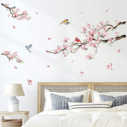 decalmile Magnolia Flowers Tree Branch Wall Decals Pink Floral Blossom Birds Wall Art Stickers Girls Bedroom Living Room TV Sofa Decor