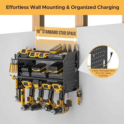 CRST Power Tool Organizer Wall Mount with Charging Station Cordless Drill Holder with 8-Outlet Heavy Duty Power Strip, Modular Garage Organization Storage Rack Shelf,Gift for Men Black