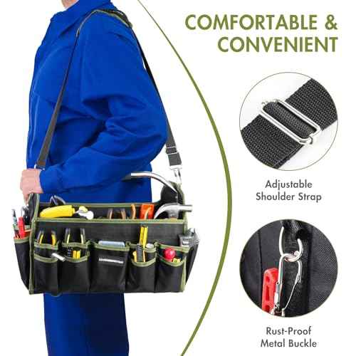 20In Electrician Tool Bag, Foldable Bags For Men Heavy Duty, Open Top Tool Tote, 30 Pockets Can Hold Many fittings, Organizer Stainless Steel Handle and Removable Shoulder Strap