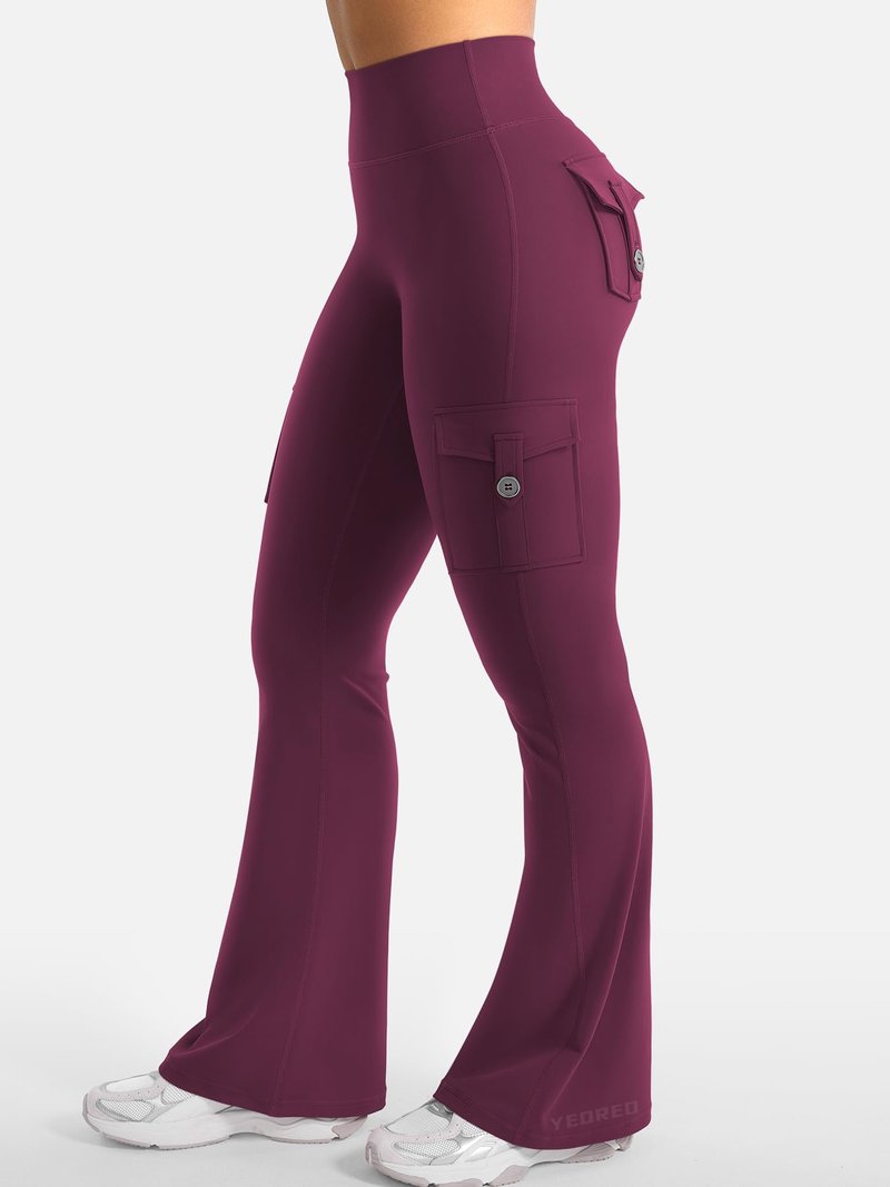 YEOREO CoreFlex Women Workout Flare Leggings with Pockets Hidden Scrunch High Waisted Cargo Gym Yoga Leggings Deep Cherry Red XS