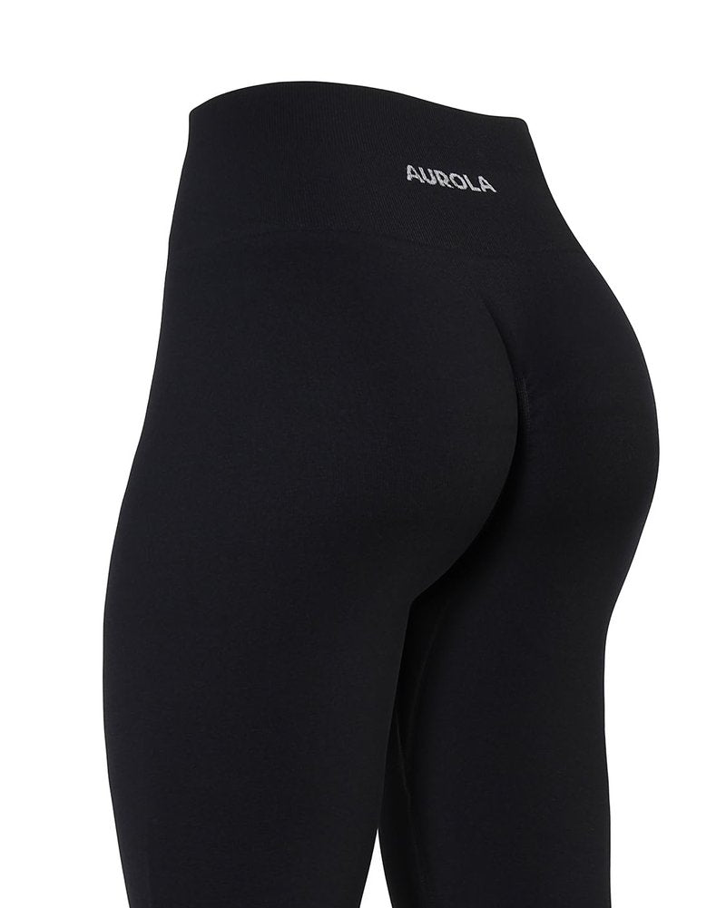 AUROLA Power Workout Leggings for Women Tummy Control Squat Proof Ribbed Thick Seamless Scrunch Active Pants,Black,M
