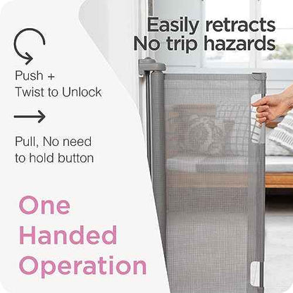 Retractable Baby Gate Perma Child Safety 33" Tall x 71¡± Wide, Mesh, for Stairs, Doorways, Dogs, Pets, Indoor, Outdoor, One-Handed Operation, Locking, Easy Install, Hardware Mount, Gray