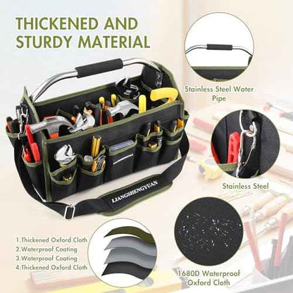 20In Electrician Tool Bag, Foldable Bags For Men Heavy Duty, Open Top Tool Tote, 30 Pockets Can Hold Many fittings, Organizer Stainless Steel Handle and Removable Shoulder Strap