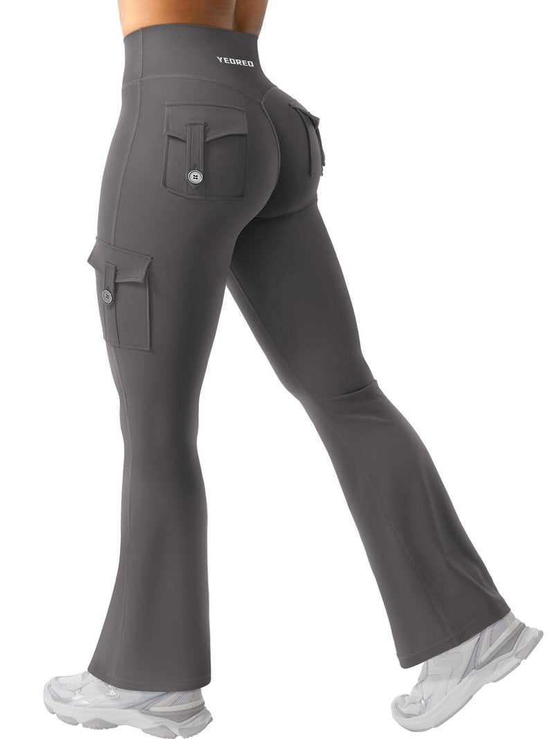 YEOREO CoreFlex Women Workout Flare Leggings with Pockets Scrunch Cargo Gym Yoga Leggings Dark Grey M