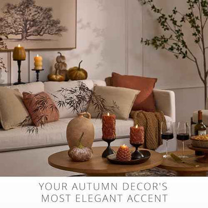 Luminara Flameless Marmalade Embossed Leaves 3.5" x 6.5" Pillar, Battery Operated & Timer Function, Fall Decorations Indoor Candle Moving Flickering Flame LED Light, Remote Ready (Sold Separately)