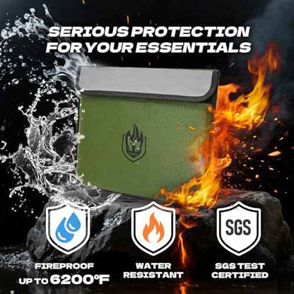2 Pockets Fireproof Document Bag 6200¡ÆF, 10 Layers Waterproof Fireproof Money Bag for Cash with Reflective Strip, Heat Insulated Waterproof Document Holder Pouch, Fire Safe Storage (Green)