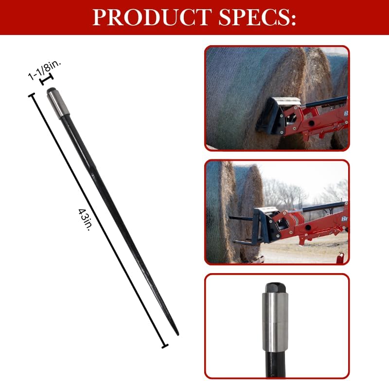 Ag Rite Bale Spear - 43-Inch Heavy-Duty Hay Spear | 3,500 lb Capacity for Tractors & Loaders