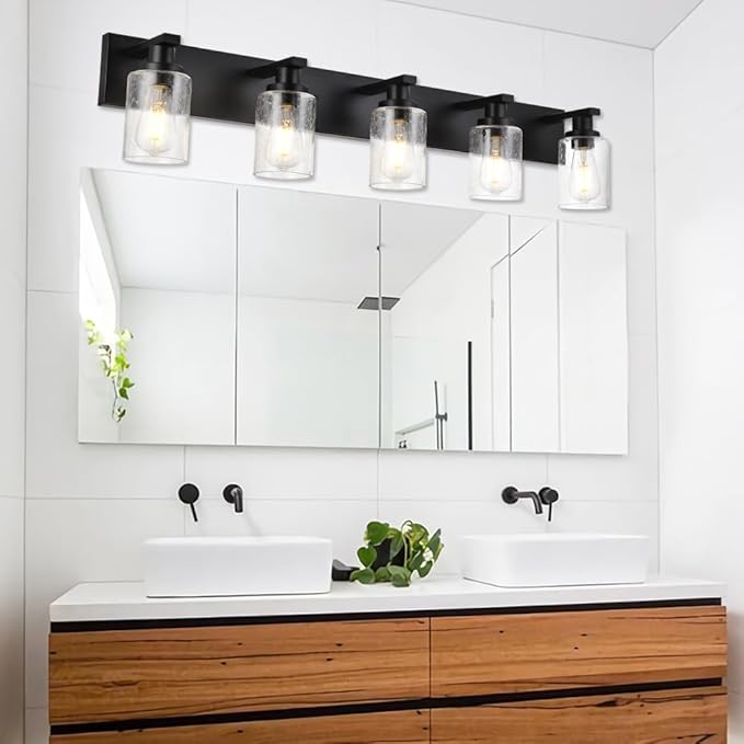5-Lights Farmhouse Bathroom Vanity Light in Black Finish Wall Mount Lighting Fixtures with Seeded Glass for Mirror Cabinet Kitchen Bedroom