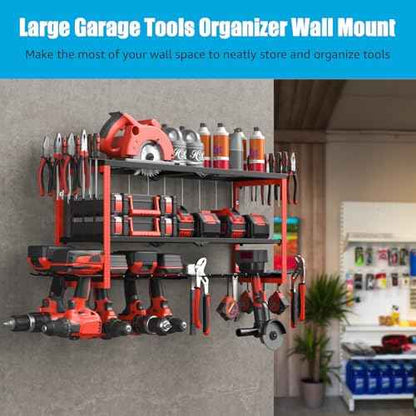 CCCEI Power Tool Organizer Wall Mount, Large 3 Layer Garage Storage Shelves and Organization, Heavy Duty Metal Drill, Battery, Tools Box Holder Rack, Gifts for Men, Red.