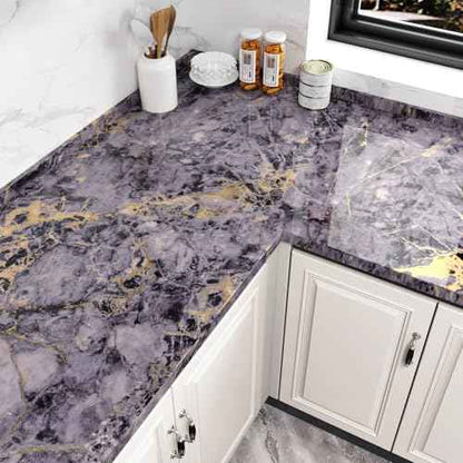 Wallercity Glossy Purple Gold Marble Contact Paper for Table Tops Waterproof Shiny Cracked Marble Wallpaper Peel and Stick Vinyl Purple Granite Wall Paper for Cabinets Counter Top Covers 15.8"x78.7"