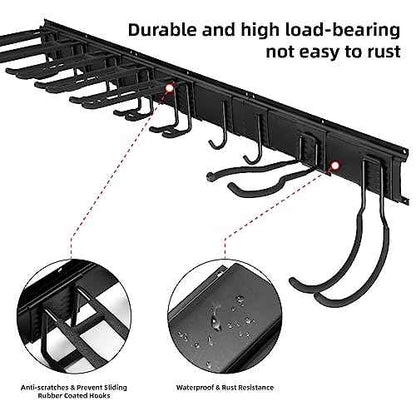 Sinoer Heavy Duty Steel Garage Wall Mount Garden Tool Organizer with 9 Adjustable Metal Hooks and 2 Straps, for Garden Tools, Chairs, Brooms, Mops, Rakes, Shovel