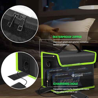 Lipo Safe Bag, Fireproof, Explosion-Proof Battery Bag, Large Storage Space, Lipo Storage Box, Fireproof Safe, Protective, Adjustable Battery (Black, Green)