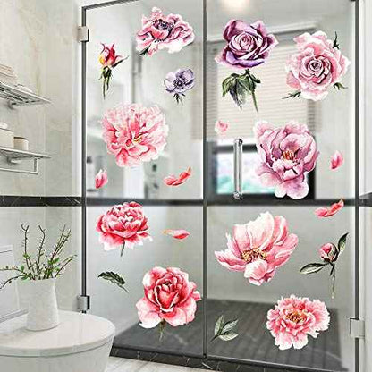Amaonm Removable 3D Beautiful Pink Red Peony Flower with Green Plants Leaf Wall Decal Wall Stickers DIY Peel and Stick Art Decor for Kids Girls Bedroom Living Room Nursery Decoration (A)