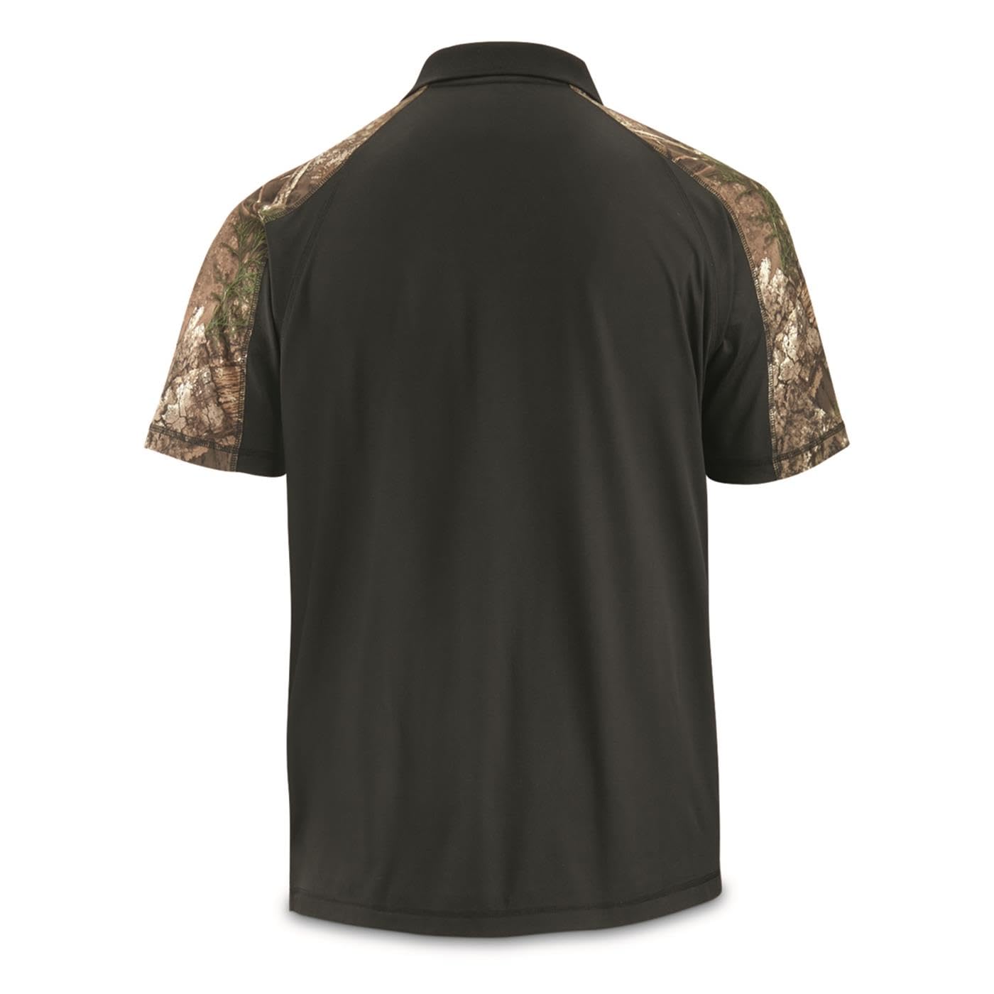 Guide Gear Men's Camo Detail Polo Shirt; Outdoors Clothing for Hunting, Fishing, Hiking or Working Black/RT APX XL