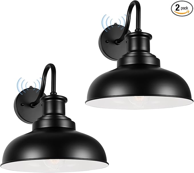 Dusk to Dawn Outdoor Gooseneck Barn Lights, Outdoor Wall Sconces Farmhouse Exterior Wall Mount Light, Vintage Outside Lighting Fixtures, Industrial Black Lanterns for Porch Garage Patio, 2 Pack