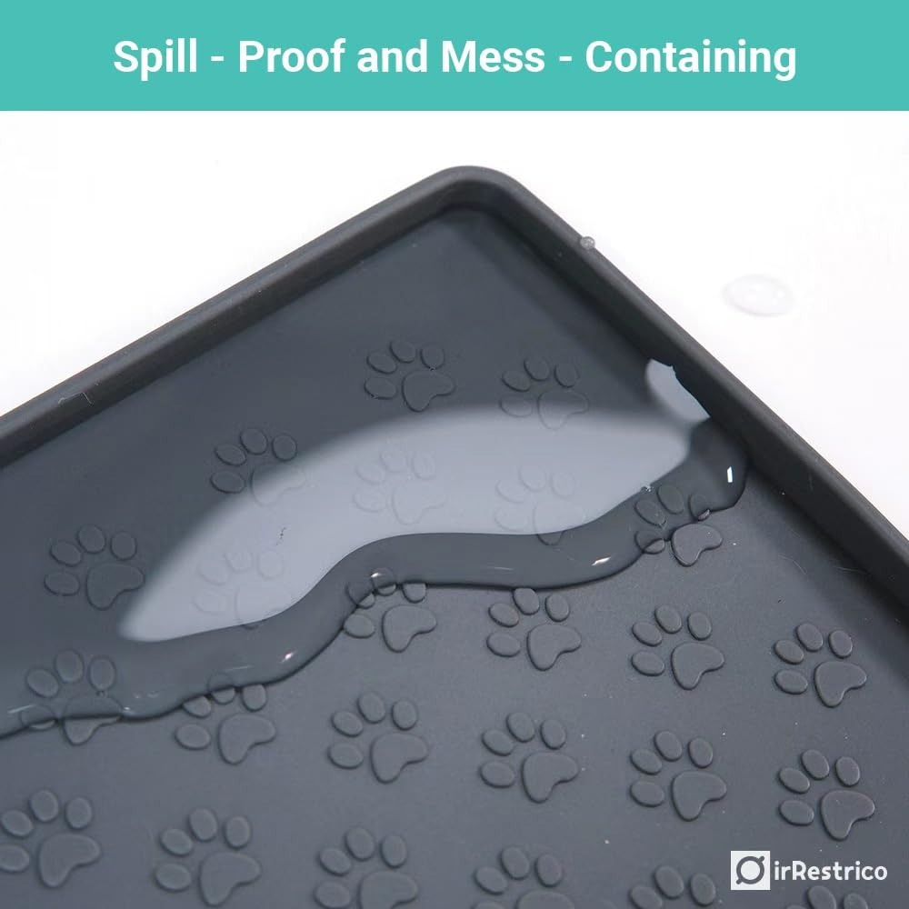 IRRESTRICO Pet Food Mat for Dogs and Cats 16"x24", Non-Slip Waterproof Silicone Feeding Mat for Food and Water Bowls, Easy-to-Clean(Grey)