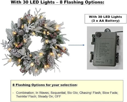 Large 28" D Pre-lit Christmas Snowy Artificial Pine Wreath w Super Big Pinecones, Succulents (35 LED Lights, 8 Flash Options) for Xmas Decor at Shop Home Front Door Living Room Wall Window (Battery)