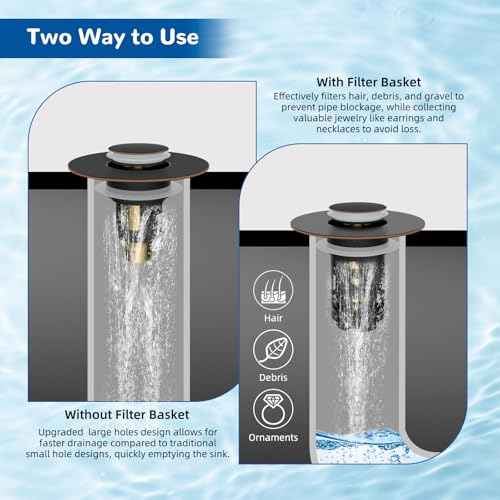 Hibbent 2 Pack Upgraded 3 in 1 Bathroom Sink Drain Strainer, Universal Pop Up Stopper with Removable Stainless Steel Filter Basket Hair Catcher, Sink Plug for 1.1''~2.36'' Basin, Oil-Rubbed Bronze