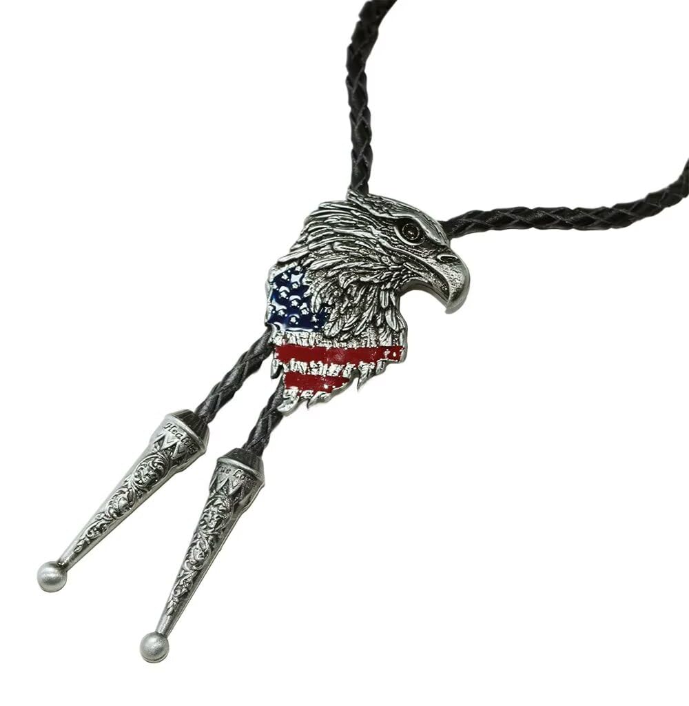 Moranse USA Pride Eagle And Americal Flag Western Bolo Tie with Cowboy Style Genuine Cowhide Rope(Silver color)