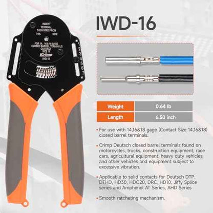 iCrimp Deutsch Crimp Tool Kit, Closed Barrel Crimper 4 Way Indent, 8 Impression Deutsch Crimper for Solid Contacts Gage 14,16&18 with 105PCS DT Connector Kit for Automotive Electrical