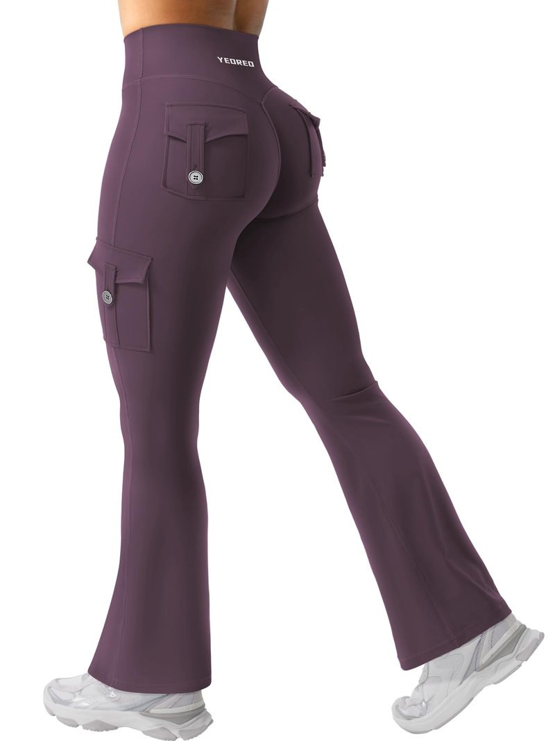 YEOREO CoreFlex Women Workout Flare Leggings with Pockets Scrunch Cargo Gym Yoga Leggings Black Berry Purple XS