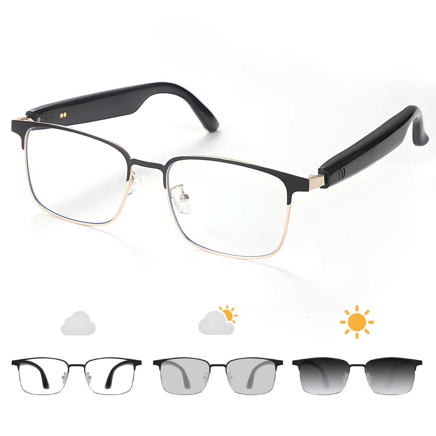Bluetooth Audio Smart Glasses, Blue Light Glasses for Women Men, Remote Shooting, Open Ear Sound Mic & Speakers, Magnetic Charging, Color-Changing Polarized Sunglasses Lenses, Voice Assistant（GS06S)