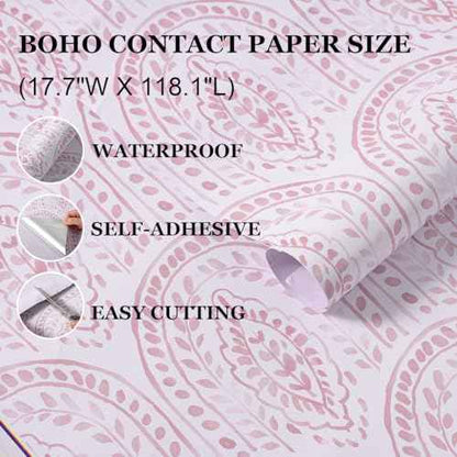 Pink Boho Peel and Stick Vinyl Wallpaper,Modern Waterproof Contact Paper Self Adhesive,Removable Floral Wall Paper for Bathroom Bedroom Cabinet Shelf Liner