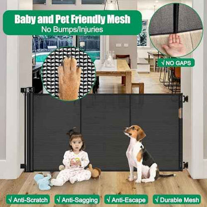 Reinforced 50" Wide Retractable Baby Gate Retractable Dog Gate with Support Rods - Anti-Bottom Crawl, Mesh Gate Retractable Gate Outdoor Retractable Pet Gate Indoor Doorway/Hallway/Stair Gate, Black
