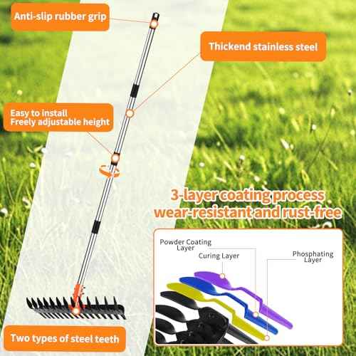 Thatch Rake - 15" Dethatcher Rake for Lawns with Upgraded Dual-Action Tines, Efficient Garden Rake with 57" Adjustable Handle, Heavy Duty Steel Metal Rakes with Reusable Yard Waste Bag & Gloves