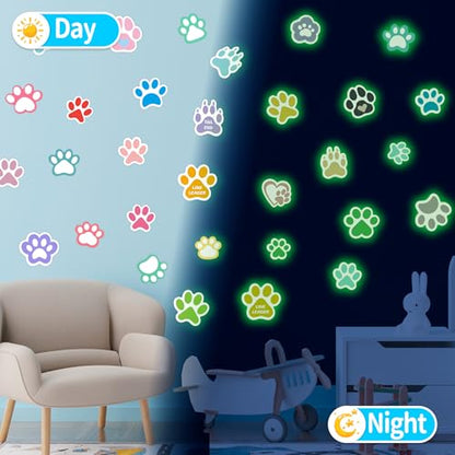 Large Paw Print Stickers 44 Pieces Glow in The Dark, Cute Dog and Cat Animals Art Wall Decals, Removable Luminous Footprint Nursery Bedroom Room Decor