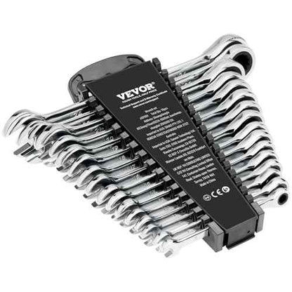 VEVOR Combination Wrench Set, 16-Piece Ratcheting Wrench Set with Organizer Rack, Cr-V Steel, Metric 8 mm to 24 mm, Ideal for General Household, Garage, Workshop, Auto Repairs, Emergency