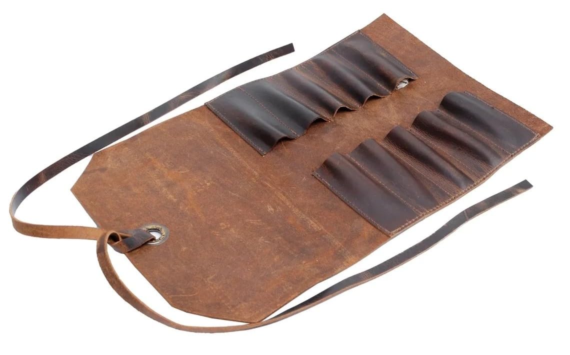 Leather Tool Roll Up Pouch (10 Slots) - Leather Tool Wrench Roll/Chisel Bag Portable Carry-On Pouch, Workshop Storage, Woodworking Tools Organizer (Mustard Brown)
