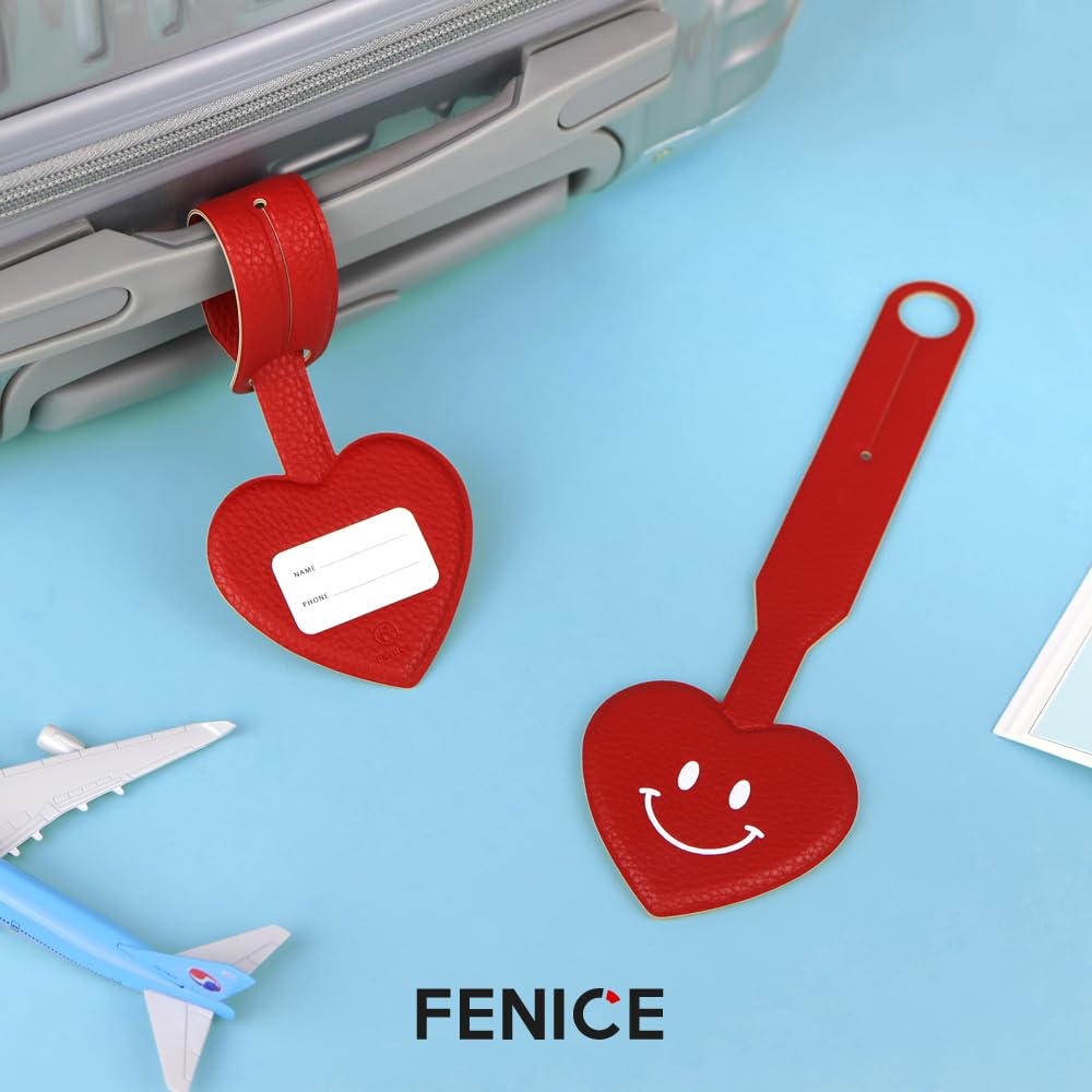 FENICE Vegan PU Leather Smiley Face Clover Shape Name Tag for Suitcase Luggage Travel Bag (RED-Heart)