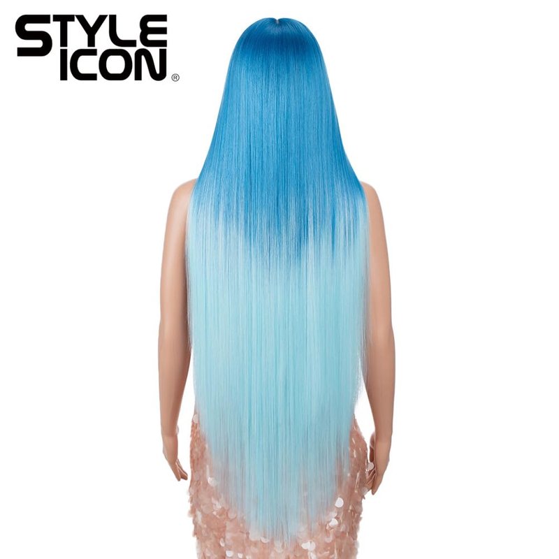 Style Icon 38" Super Long Straight Wigs 6" Deeper Middle Part Lace Lace Front Wigs Ombre Blue Color Synthetic Wig (38", GT BLUE/BLUE5)
