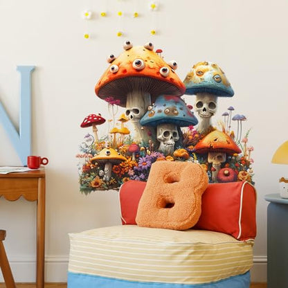 Halloween Mushroom Wall Stickers Removable Floral Skull Wall Decals for Kids Bedroom Nursery Living Room TV Wall Decor