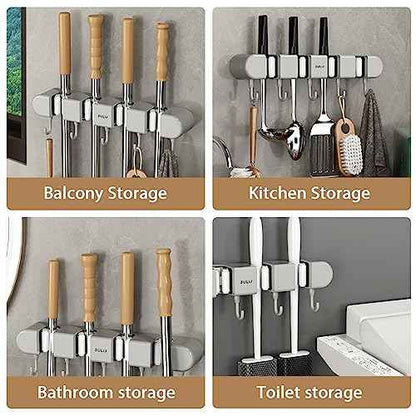3PCS Broom Mop Holder with Hooks Wall Mounted Broom Storage Rack No Drilling Self-Adhesive Mop Broom Organizer Mop Holder Hanger for Bathroom Office Kitchen Closet Garage,Grey (3)