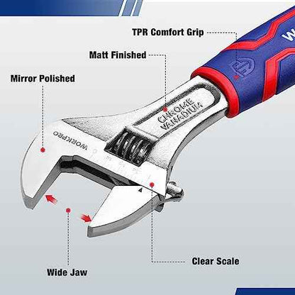 WORKPRO 8-inch Adjustable Wrench, Wide Jaw Opening Wrench with Rubber Anti-slip grip, Metric/SAE Scales, Premium Cr-V Steel, Chrome Plated