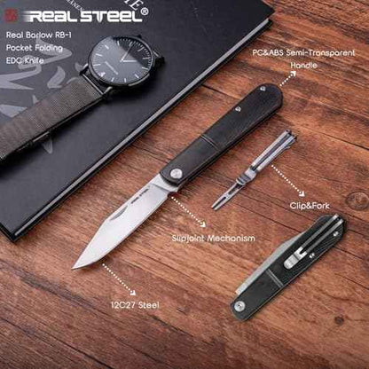 REALSTEEL Real Barlow RB-1 Pocket Knife,Folding Knives,Detachable Fork Clip,2.87" 12C27 Steel Satin Blade,1.5oz,Slipjoint,Nail Nick,EDC Indoor,Daily Use,Gift for Men Women(Black Clip Point)
