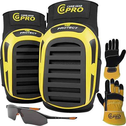 CARIB GEAR PRO USA Work Knee Pads for Men and Women Heavy Duty Gel Construction Knee Pads with Anti Slip Straps for Flooring Tiling Gardening Includes Leather Gloves and Safety Glasses