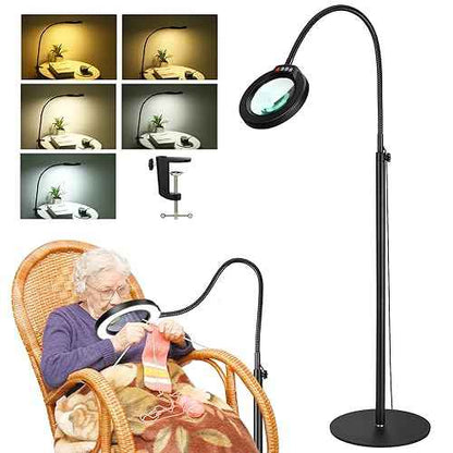 5X Magnifying Glass with Light and Stand, Krstlv 24" Flexible Gooseneck Magnifying Floor Lamp, 3-in-1 LED 5 Color Modes Stepless Dimmable Lighted Magnifier Hands Free for Close Work, Hobby, Esthetican