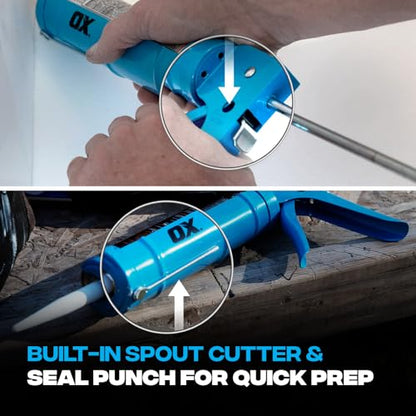 OX 10 oz Half Barrel Drip Free Caulk Gun ? 10:1 Thrust Ratio Silicone Gun with Seal Punch and Spout Cutter ? OX-T046205