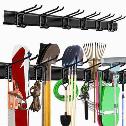 Garage Storage Rack Hooks, 48 Inch Heavy Duty Wall Mount Garage Organization with 3 Rails and 6 Adjustable Double Wall Hooks,Hanging Shelves for Garden Tool/Broom/Mop(Black)