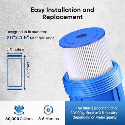 PUREPLUS 5 Micron 20" x 4.5" Whole House Pleated Sediment Filter for Well Water, Replacement Cartridge for ECP20-20BB, AP810-2, SPC-45-2020, R30-20BB, HDC3001, ECP5-20BB, 2Pack