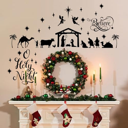 Chinco Large Christmas Nativity Scene Wall Decor Stickers Nativity Vinyl Wall Decal Christmas Decorations Religious Wall Murals Modern for Xmas Room Decor, Black (O Holy Night)
