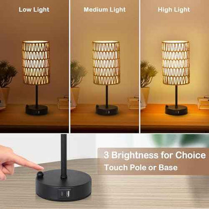 Touch Table Lamp Set of 2 For Bedroom with Bulb, Boho Small Desk Lamp For Living Room With Rattan & Linen Shade, 3 Way Dimmable Bedside Table Lamp For Nightstand With USB Charging Port & Phone Stand