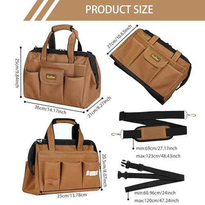 14 Inch Heavy Duty Tool Bag,22-Pocket Wide Mouth Soft Tool Box Organizer,Detachable Tool Belt Pouch with Adjustable Shoulder Strap and Waist Belt,Multifunction Carrying Toolbag for Men/Women