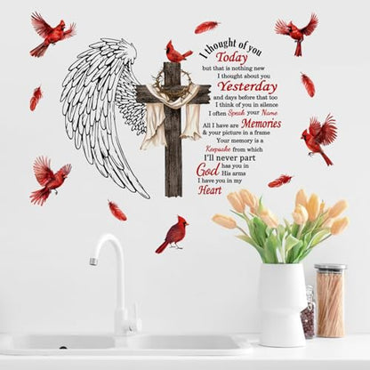 Yovkky Christian Cardinal Memorial Wall Decals Stickers, Religious Cross Wings Home Bedroom Decor, Holy Bible Quote Living Room Kitchen Decorations Art