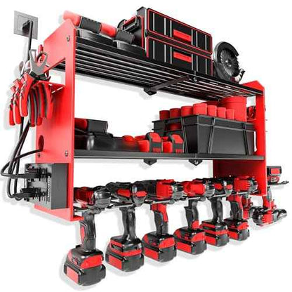 Power Tool Organizer Wall Mount with Charging Station, Cordless Drill and Battery Holder Shelf for Garage Organization,Heavy Duty Metal Tool Rack Storage, Load 300lbs, Built in 5 Outlet Power Strip